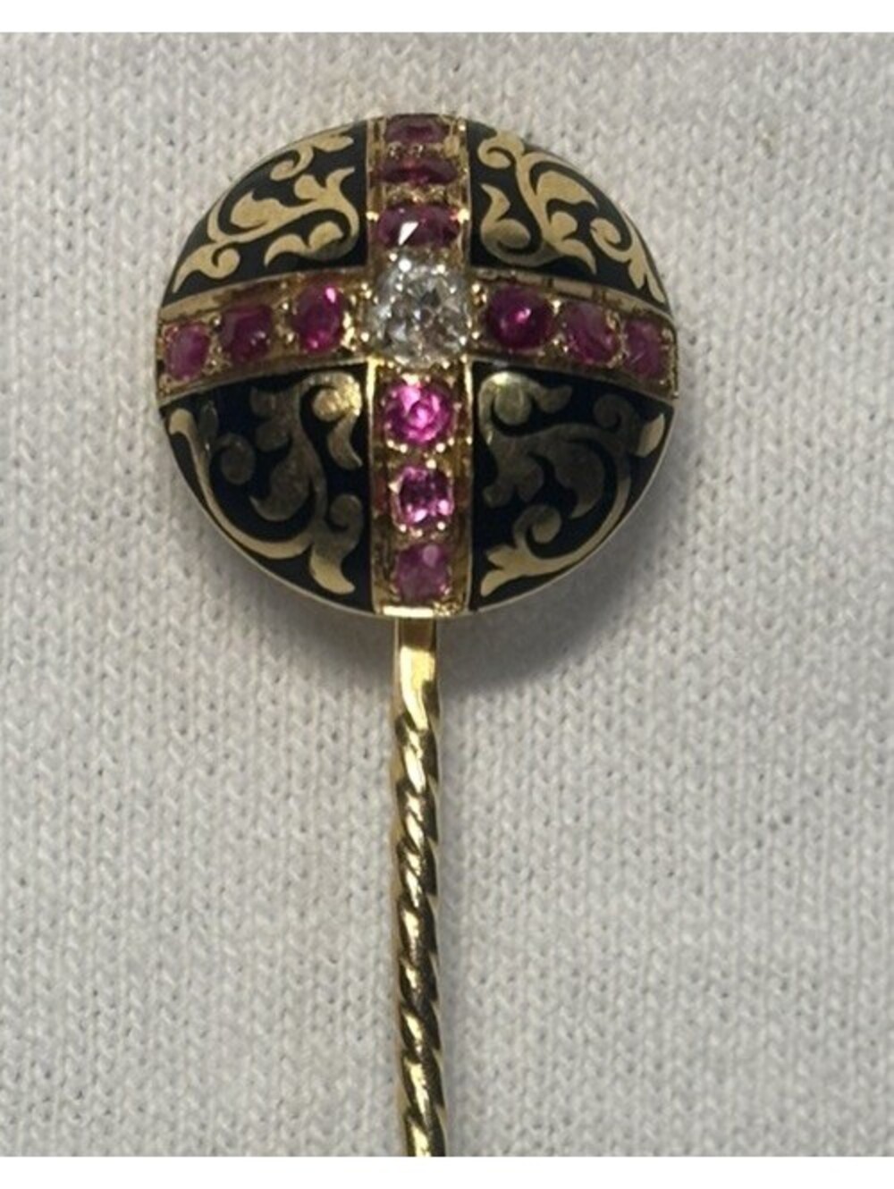 18K Diamond and Ruby Cross Motif Hat/Stick Pin Unsigned ~4.28g Antique Victorian